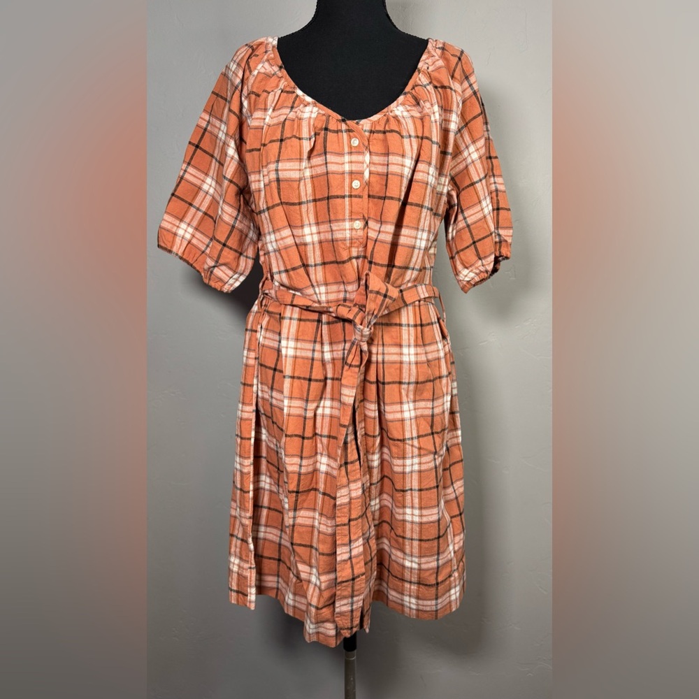 Chic Orange Plaid Midi Dress with Belt